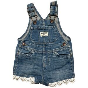 OshKosh Denim Short Overalls Baby Girls 6M Floral Lace Trim Adjustable Straps